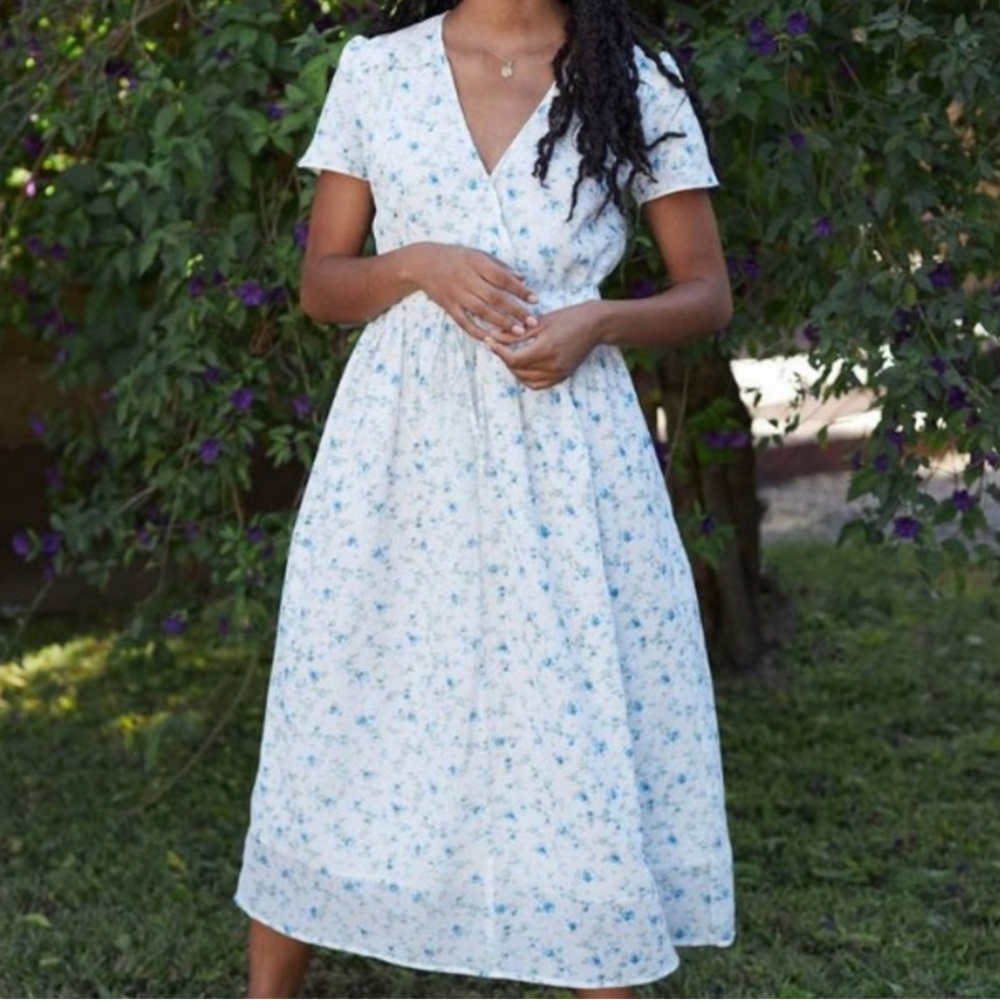 Christy Dawn White and Blue Floral Midi Dress